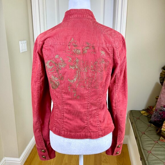 Calvin Klein Jacket Corduroy Y2K Coral Gold Trim & Graphic Logo Back (M) - Picture 3 of 8